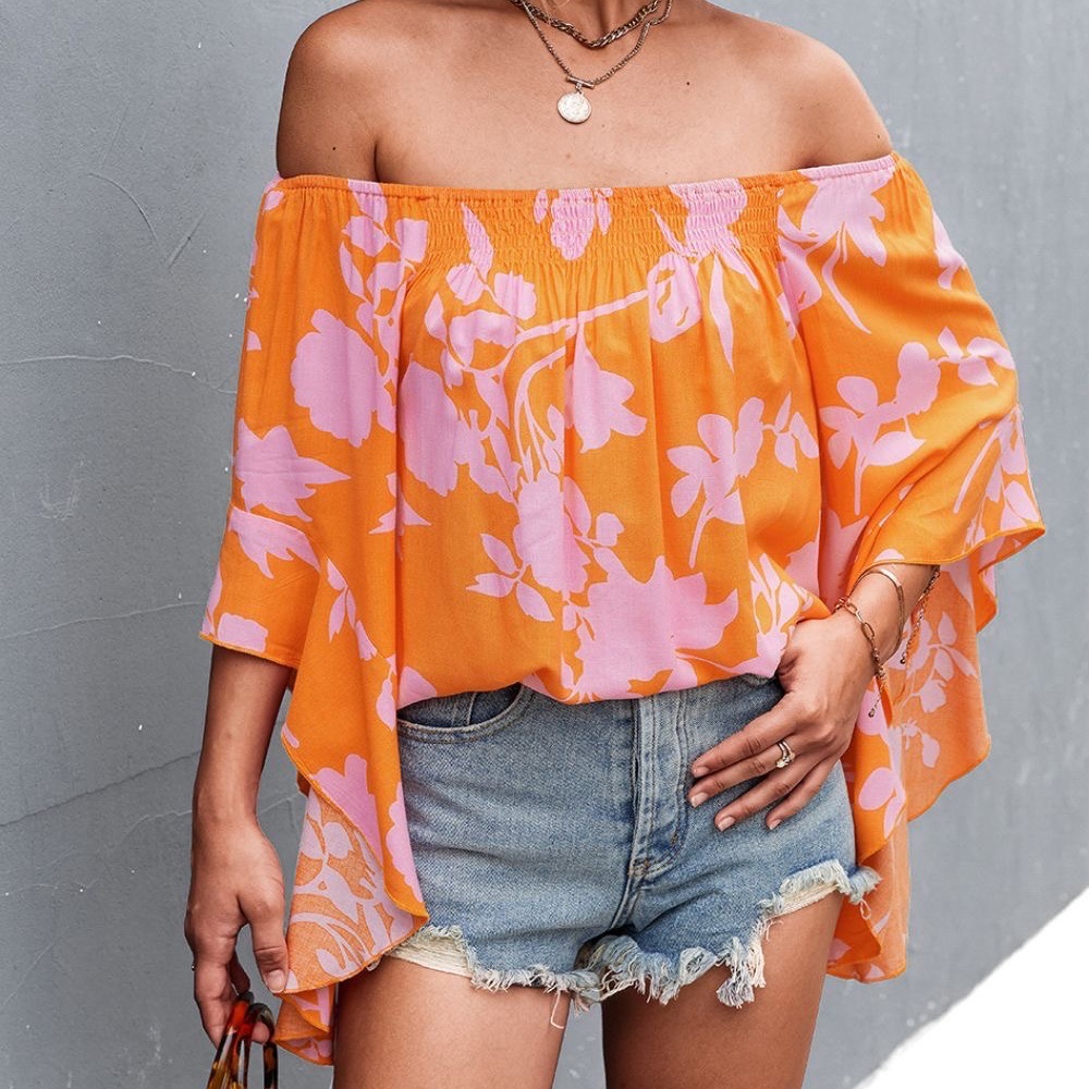 Orange Floral Smocked Bell Sleeve Off-Shoulder Top - Picture 4 of 4